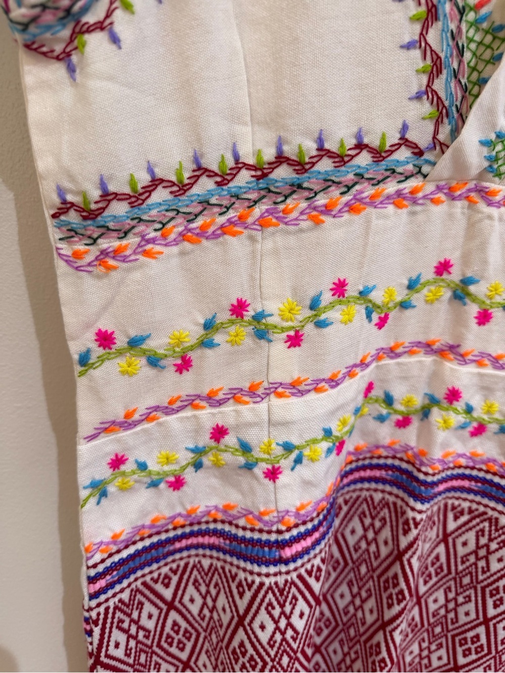 Hand-Embroidered White Boho Fringe Tunic Dress with Colorful Stitching small - Picture 5 of 15